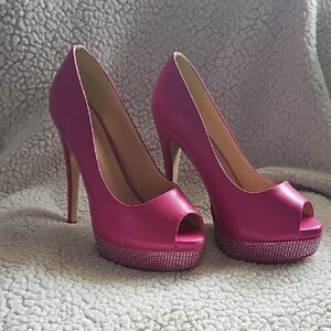 Merumote Elegant Pink Peep-Toe Stiletto With Rhinestones